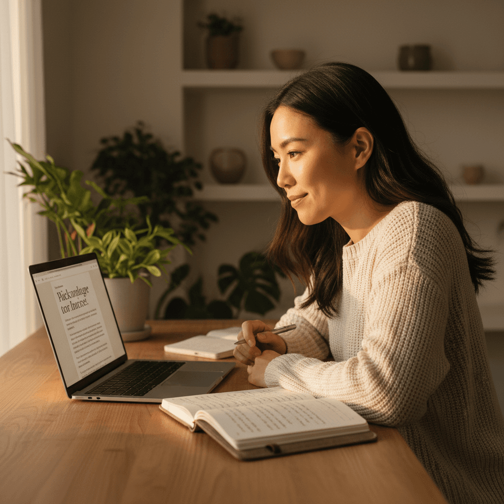 Woman exploring her personalized BaZi reading on laptop